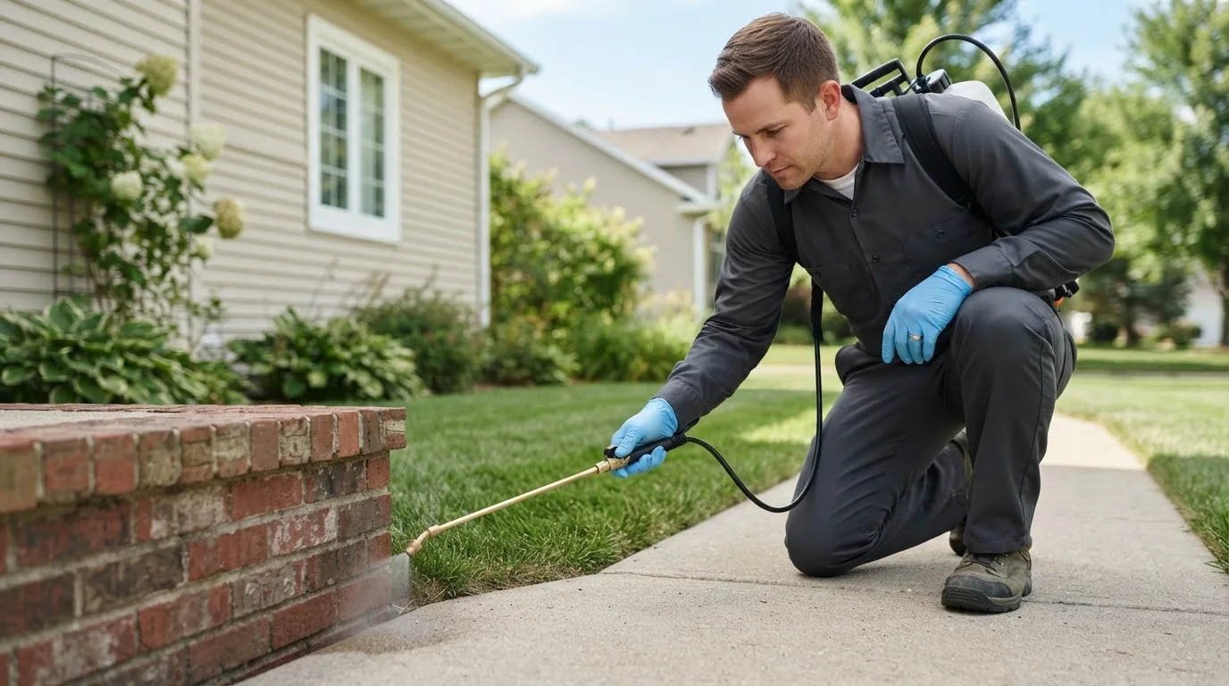Pest control technician treating a home near Gladstone, MO